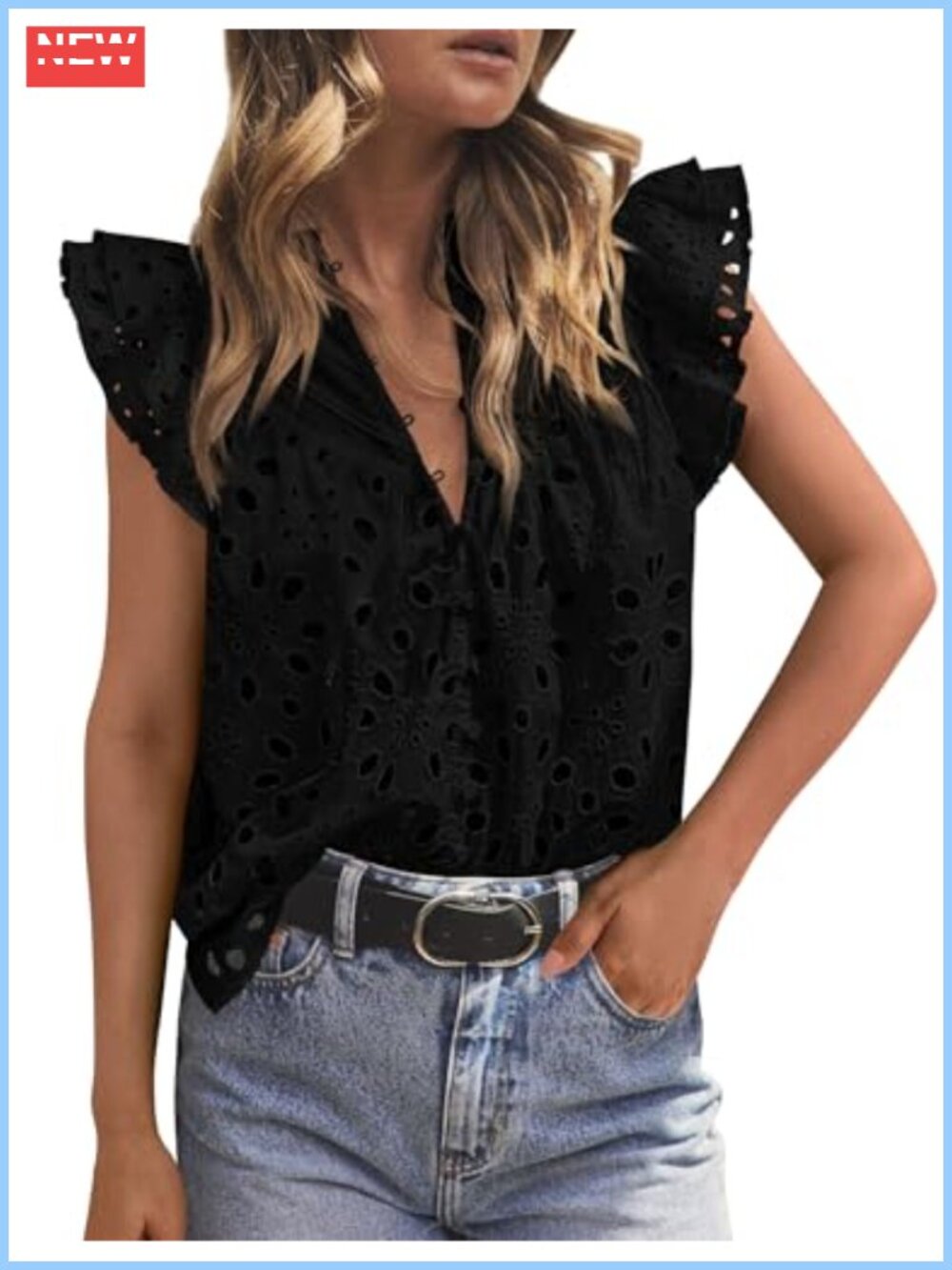 Eyelet V Neck Women's Summer Top Dressy Casual Flutter Sleeve Cotton Blend